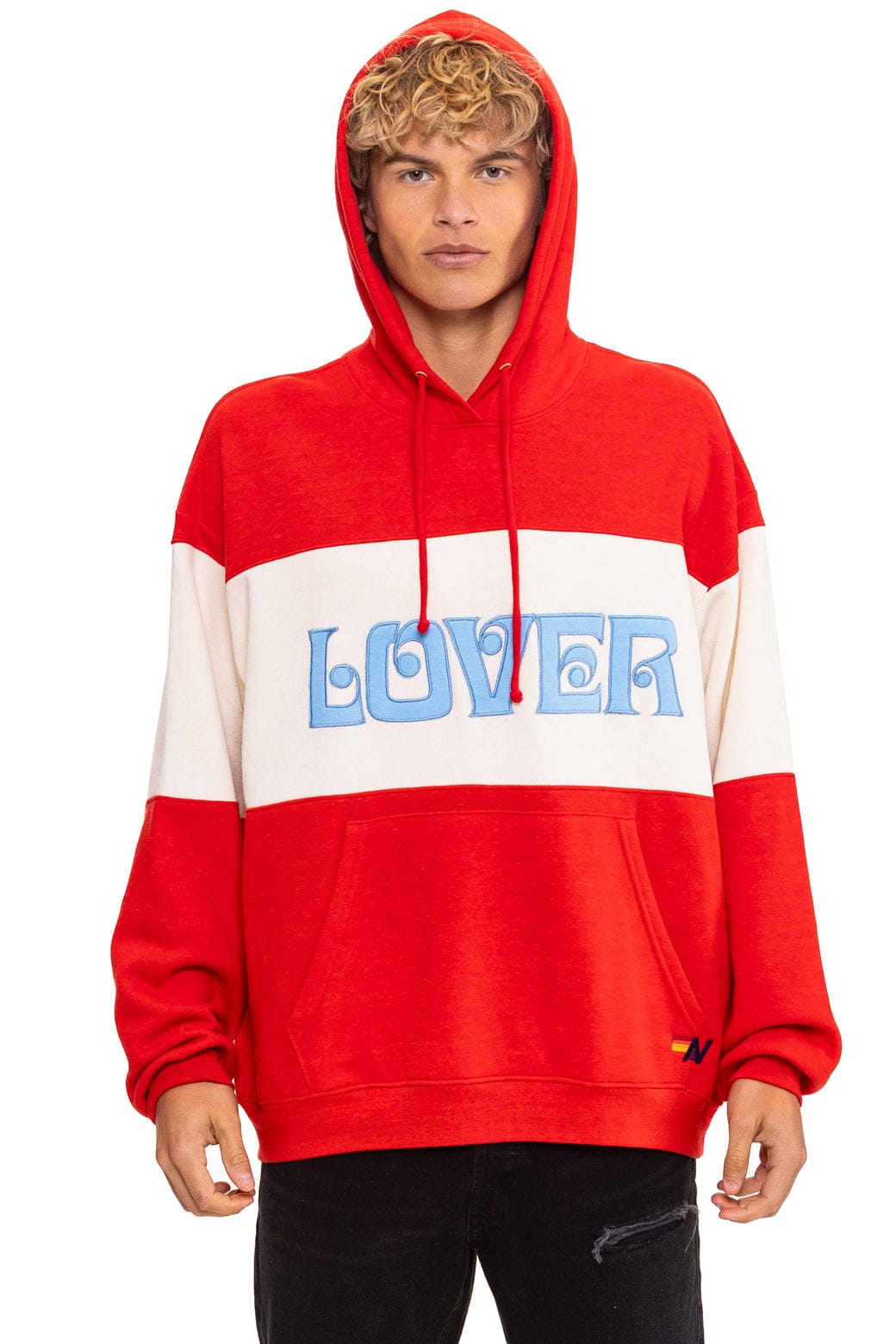 Classic LOVER EMBROIDERY COLOR BLOCK PULLOVER HOODIE RELAXED - RED VINTAGE WHITE