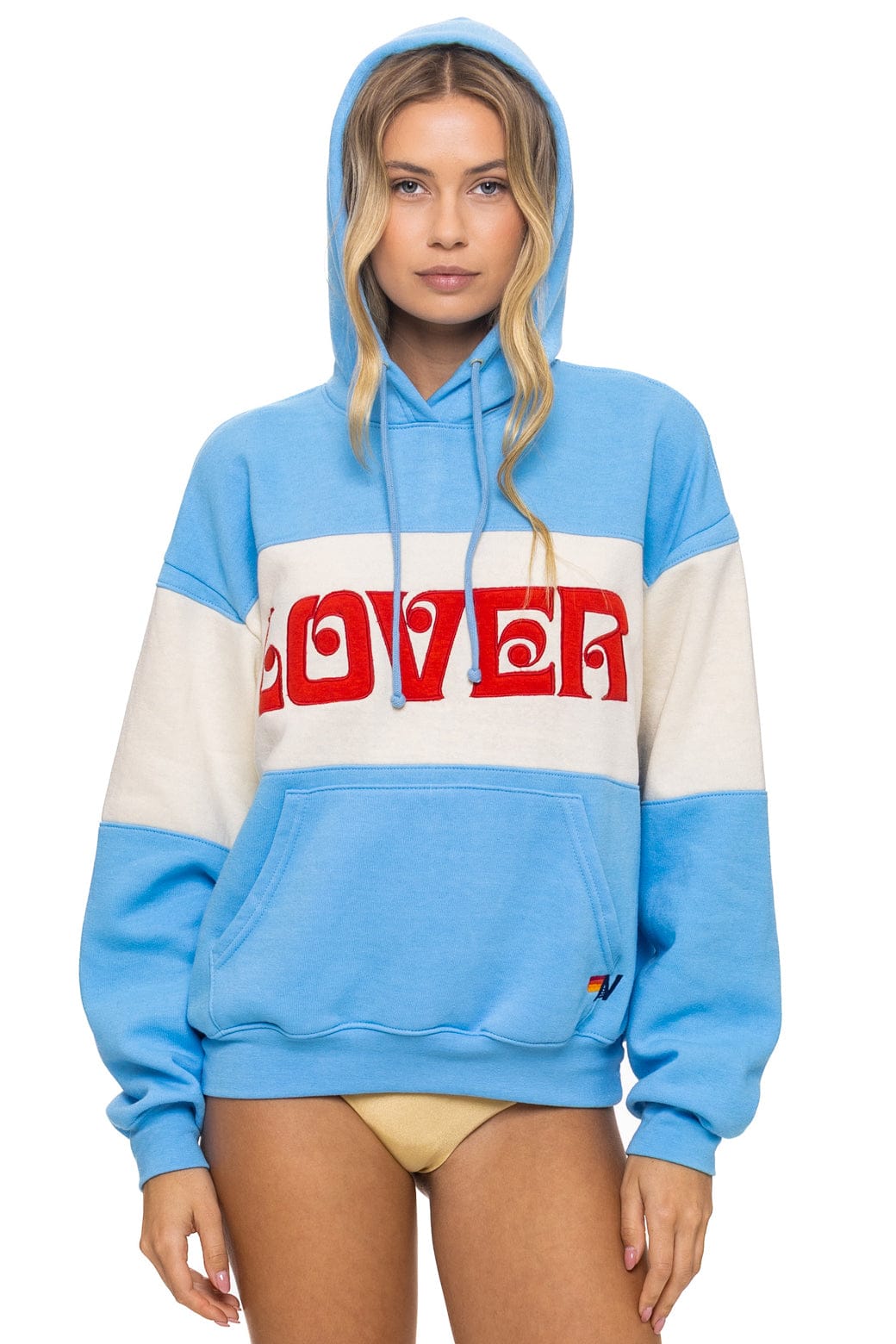 Classic LOVER EMBROIDERY COLOR BLOCK PULLOVER HOODIE RELAXED - SKY VINTAGE WHITE
