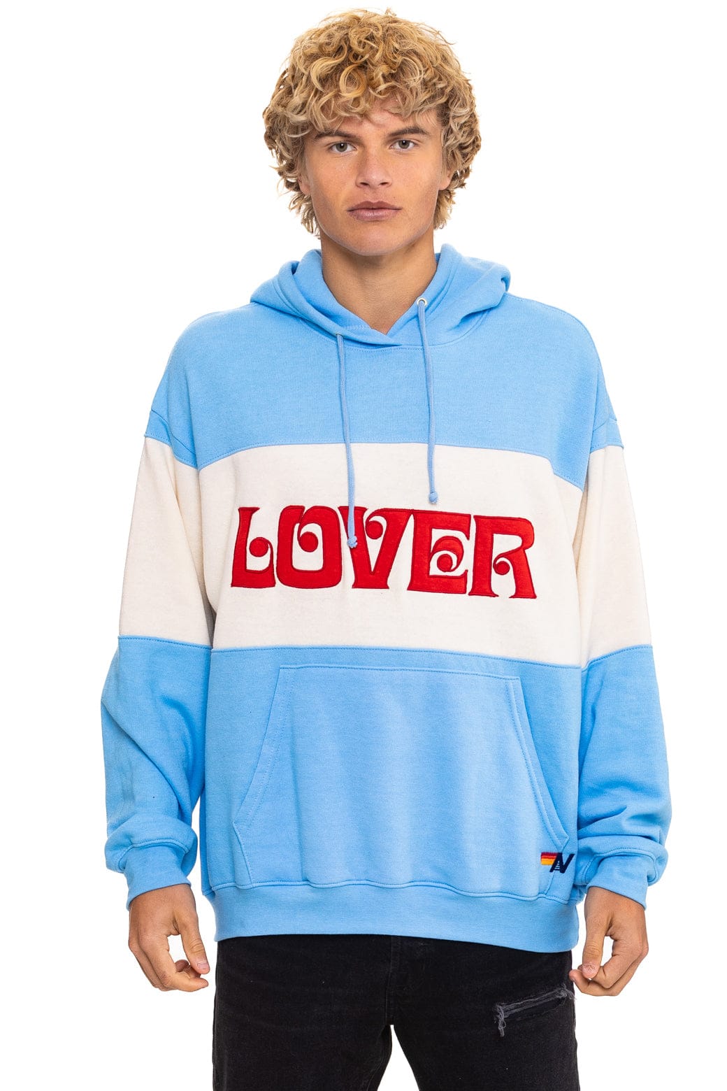 Classic LOVER EMBROIDERY COLOR BLOCK PULLOVER HOODIE RELAXED - SKY VINTAGE WHITE