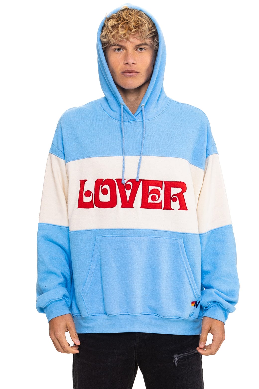 Classic LOVER EMBROIDERY COLOR BLOCK PULLOVER HOODIE RELAXED - SKY VINTAGE WHITE
