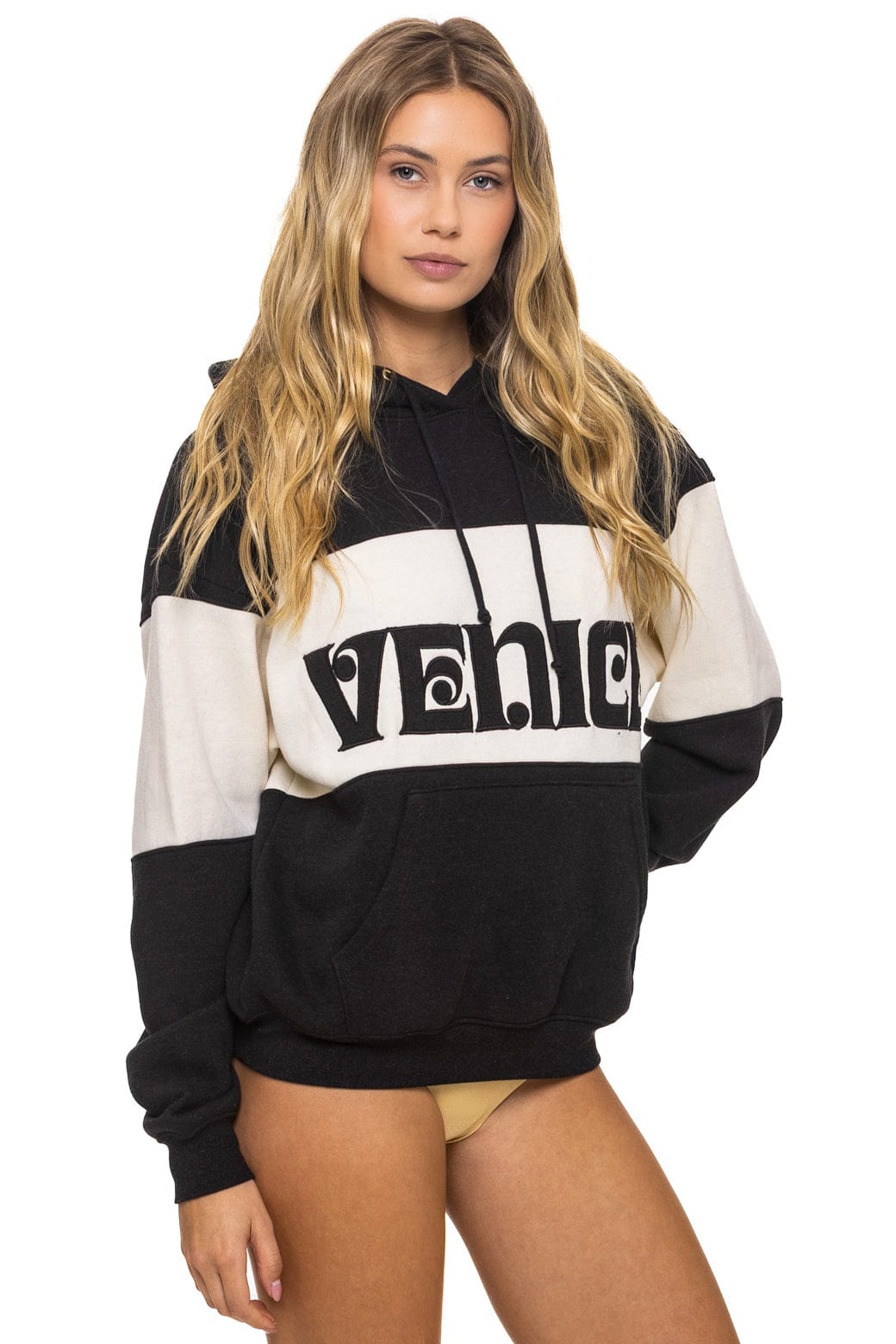 Classic VENICE EMBROIDERY COLOR BLOCK PULLOVER HOODIE RELAXED - BLACK VINTAGE WHITE