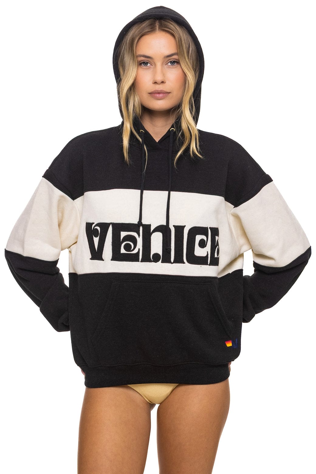 Classic VENICE EMBROIDERY COLOR BLOCK PULLOVER HOODIE RELAXED - BLACK VINTAGE WHITE