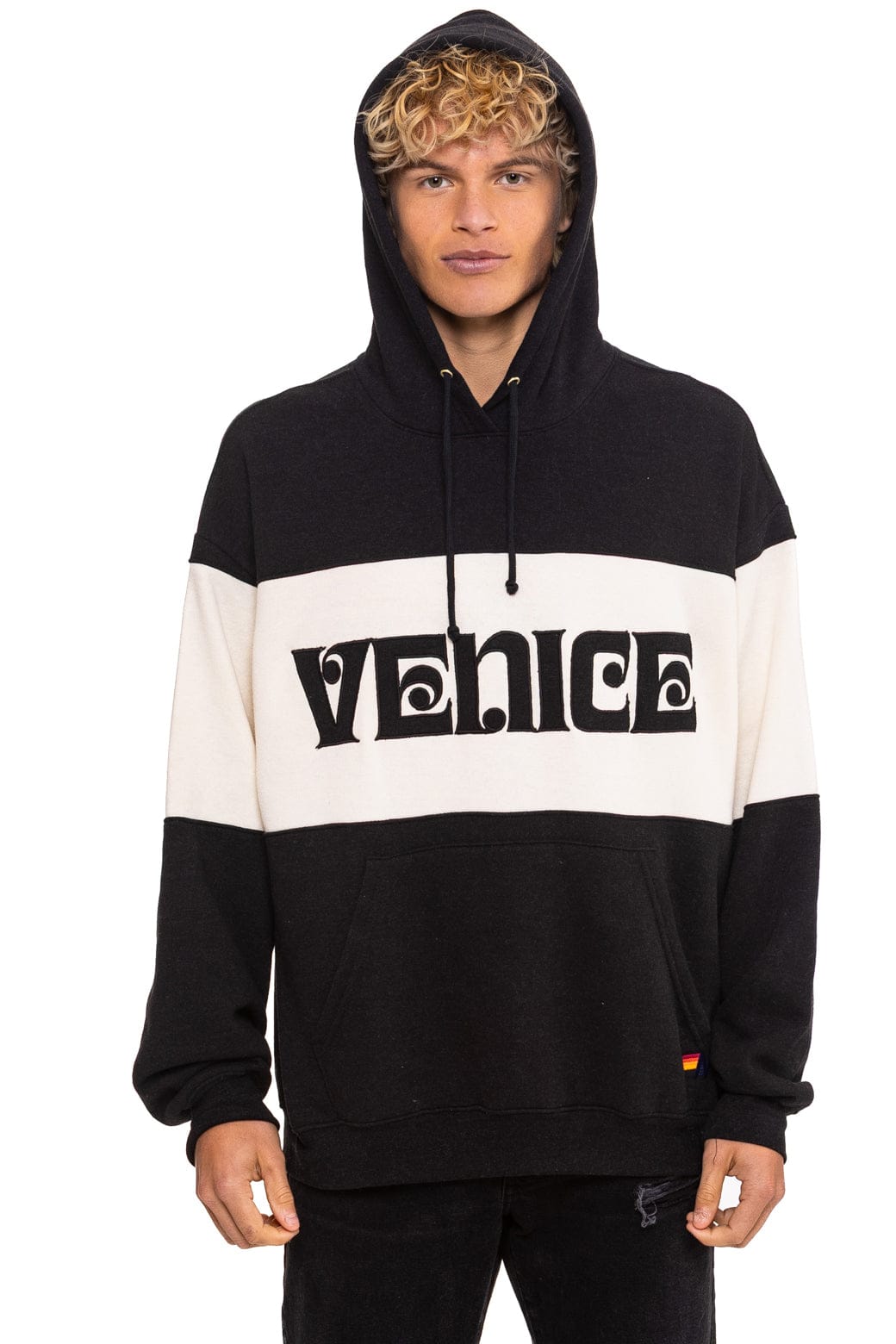 Classic VENICE EMBROIDERY COLOR BLOCK PULLOVER HOODIE RELAXED - BLACK VINTAGE WHITE