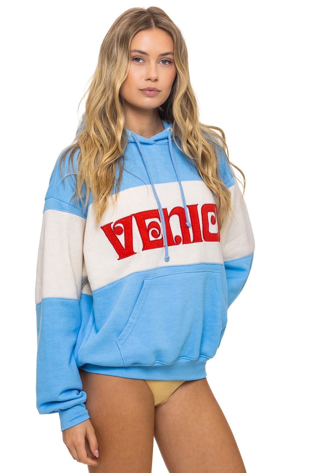 Classic VENICE EMBROIDERY COLOR BLOCK PULLOVER HOODIE RELAXED - SKY VINTAGE WHITE