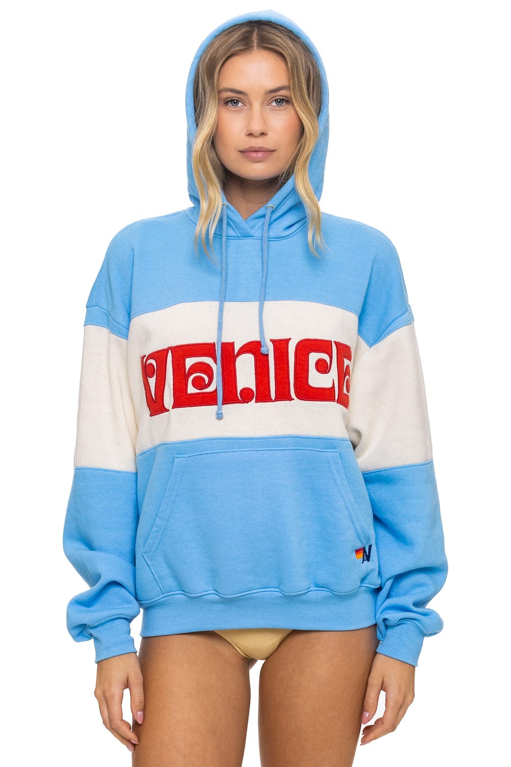 Classic VENICE EMBROIDERY COLOR BLOCK PULLOVER HOODIE RELAXED - SKY VINTAGE WHITE