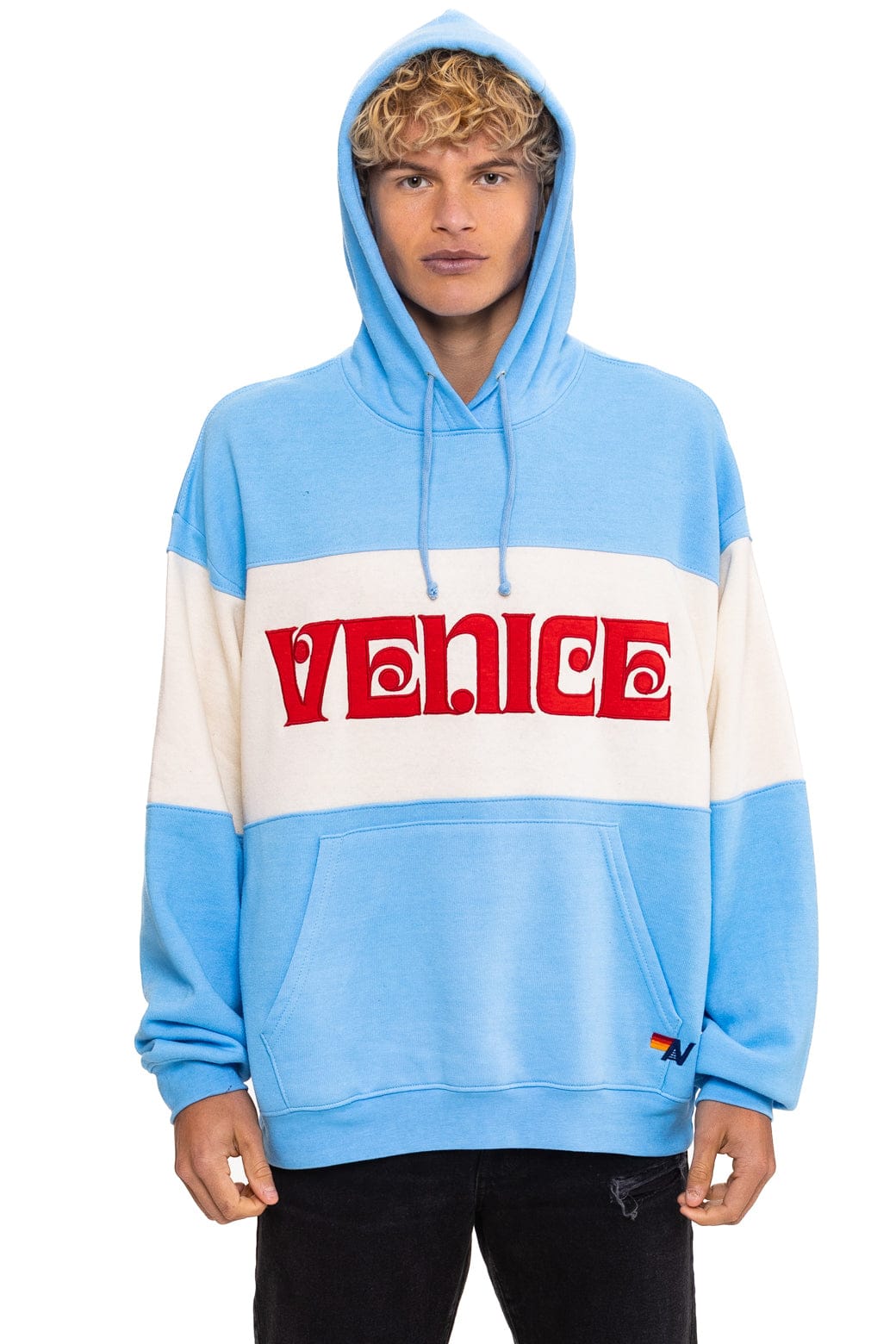 Classic VENICE EMBROIDERY COLOR BLOCK PULLOVER HOODIE RELAXED - SKY VINTAGE WHITE