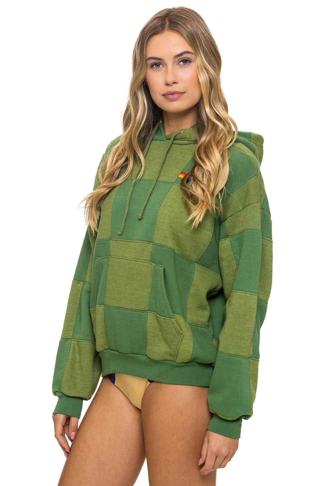 Classic CHECK QUILT RELAXED PULLOVER HOODIE - JUNGLE GREEN PALM