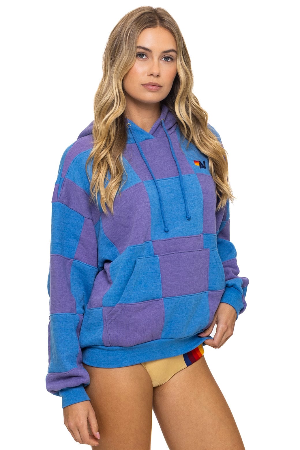 Classic CHECK QUILT RELAXED PULLOVER HOODIE - LAVENDER OCEAN