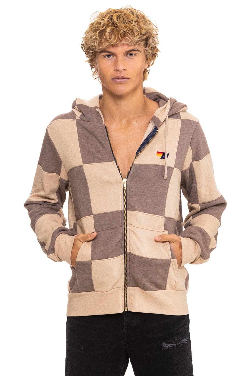 Classic CHECK QUILT ZIP HOODIE - SAND TAUPE