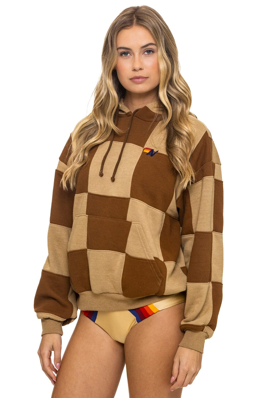 Classic CHECK QUILT RELAXED PULLOVER HOODIE - TAN CINNAMON