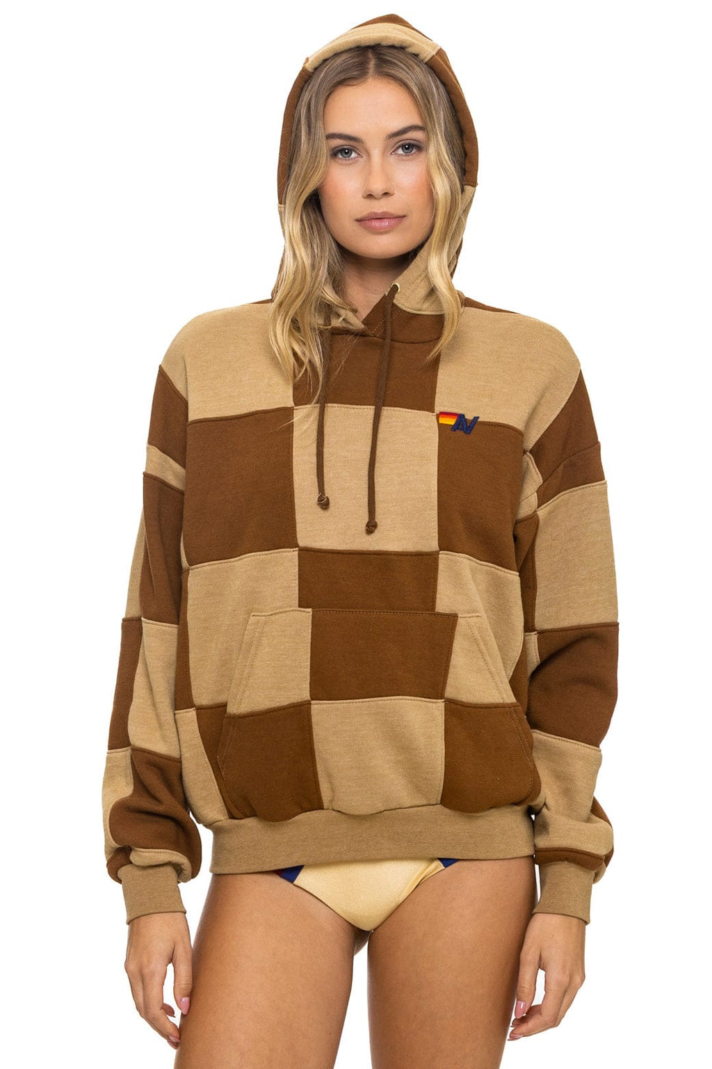 Classic CHECK QUILT RELAXED PULLOVER HOODIE - TAN CINNAMON