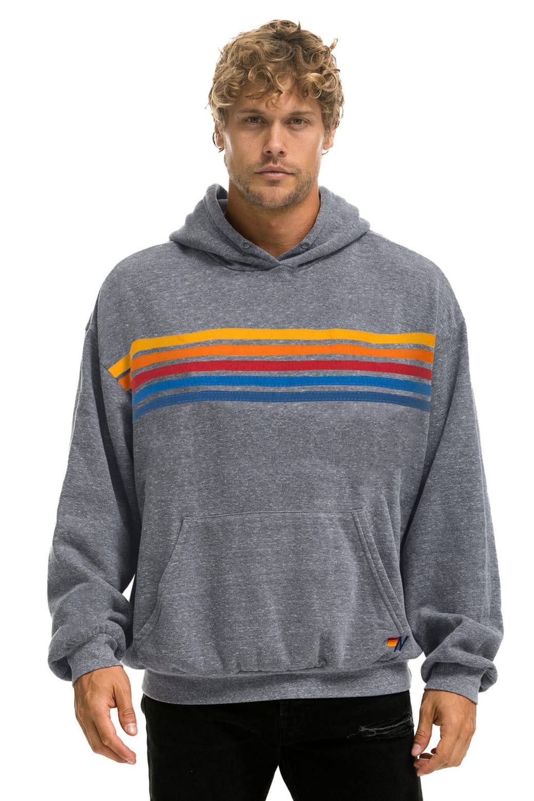 Classic 5 STRIPE RELAXED PULLOVER HOODIE - HEATHER GREY