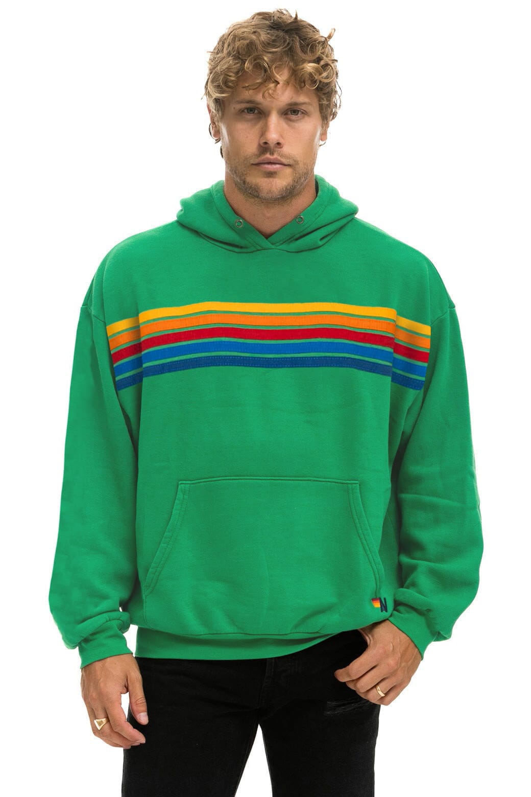 Classic 5 STRIPE RELAXED PULLOVER HOODIE - KELLY GREEN