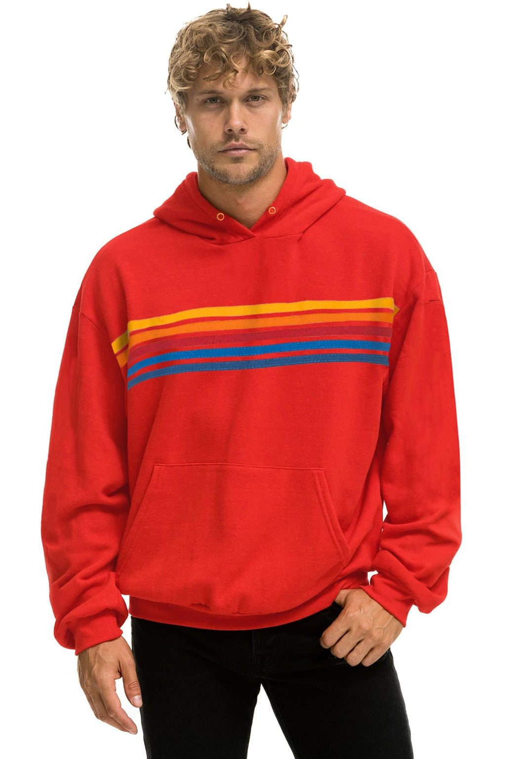 Classic 5 STRIPE RELAXED PULLOVER HOODIE - RED