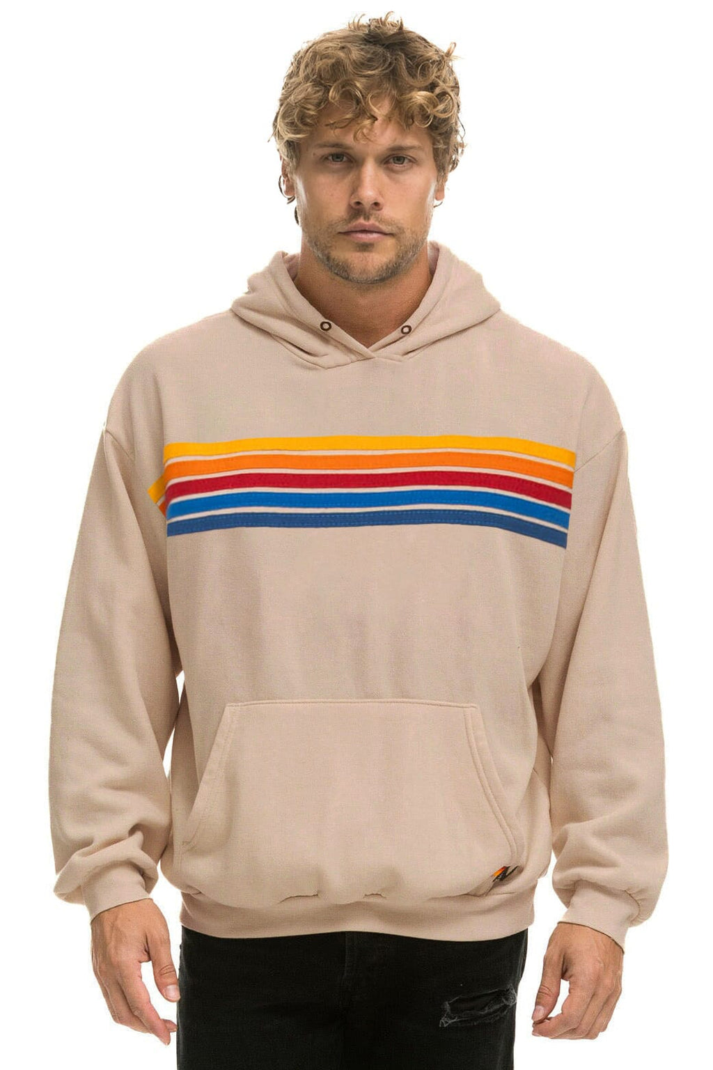 Classic 5 STRIPE RELAXED PULLOVER HOODIE - SAND