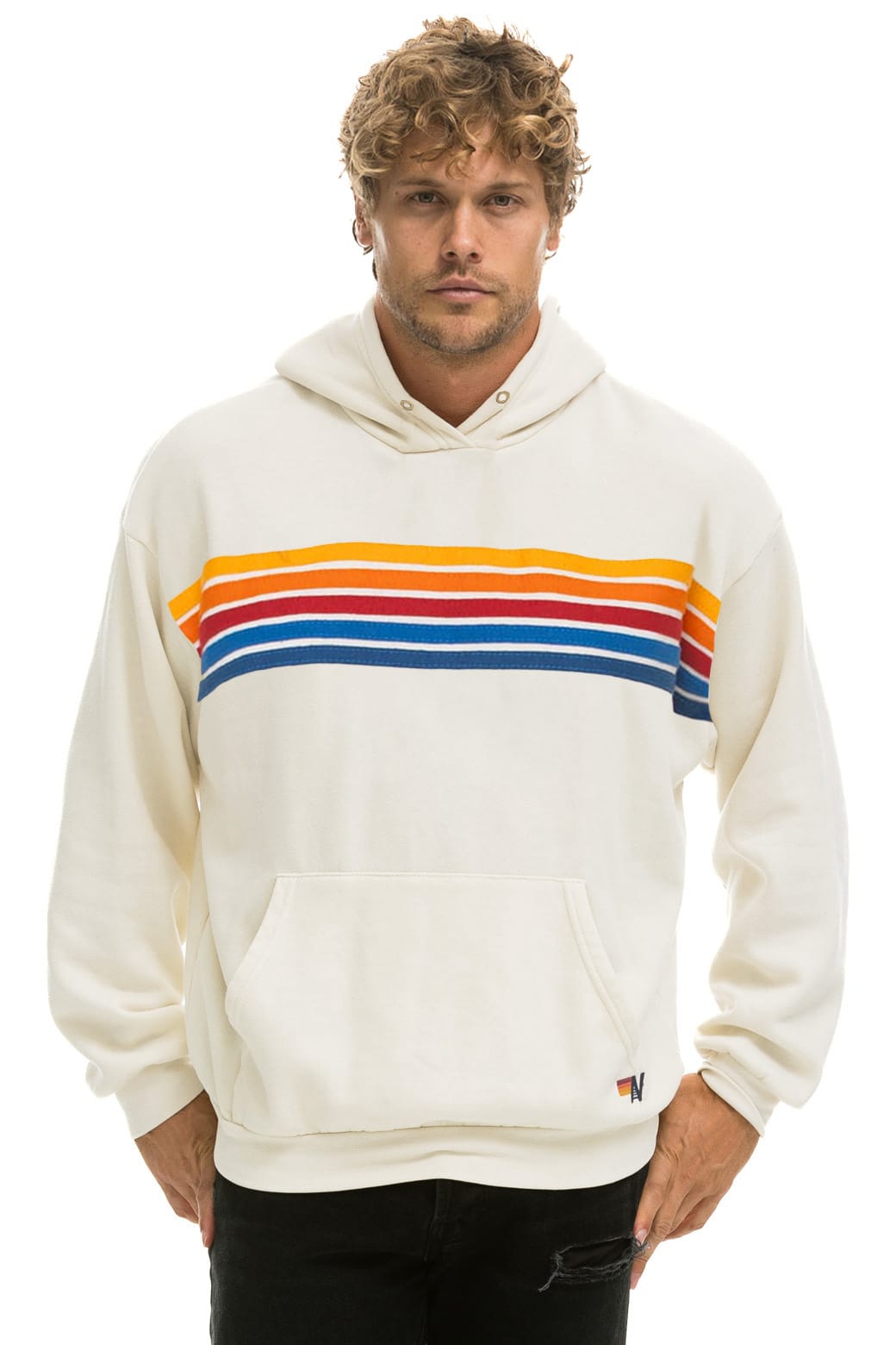 Classic 5 STRIPE RELAXED PULLOVER HOODIE - VINTAGE WHITE