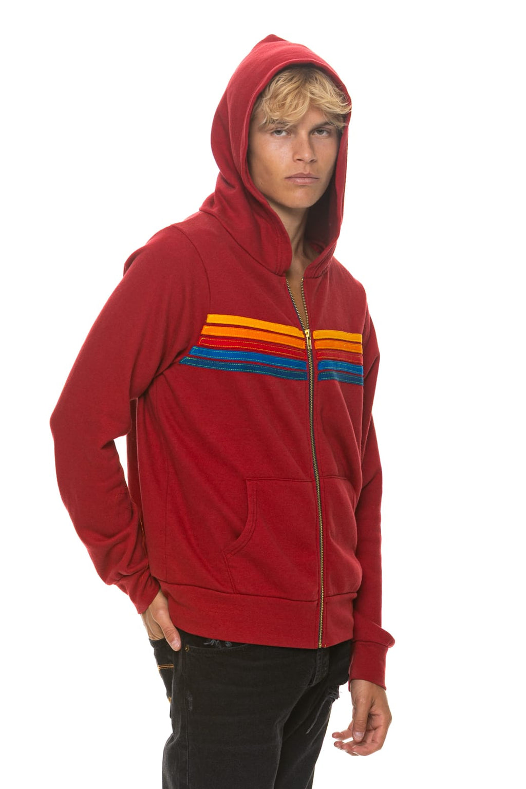 Classic 5 STRIPE HOODIE - CRIMSON