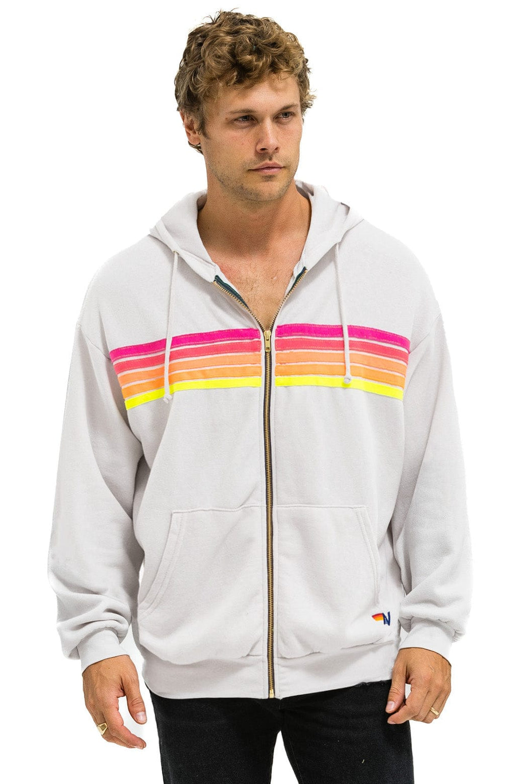 Classic 5 STRIPE RELAXED ZIP HOODIE - DOVE GREY NEON