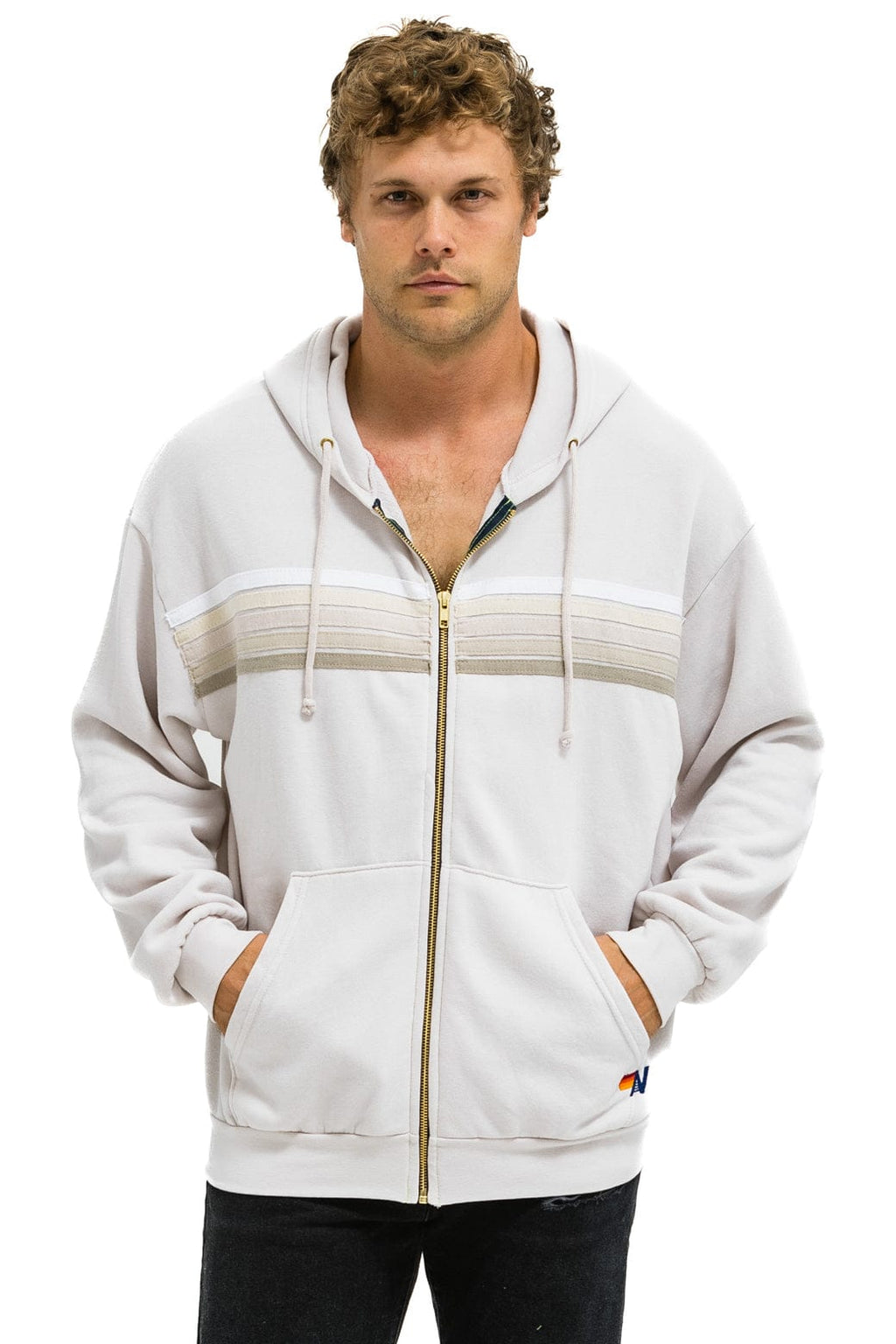 Classic 5 STRIPE RELAXED ZIP HOODIE - DOVE GREY WHITE GREY