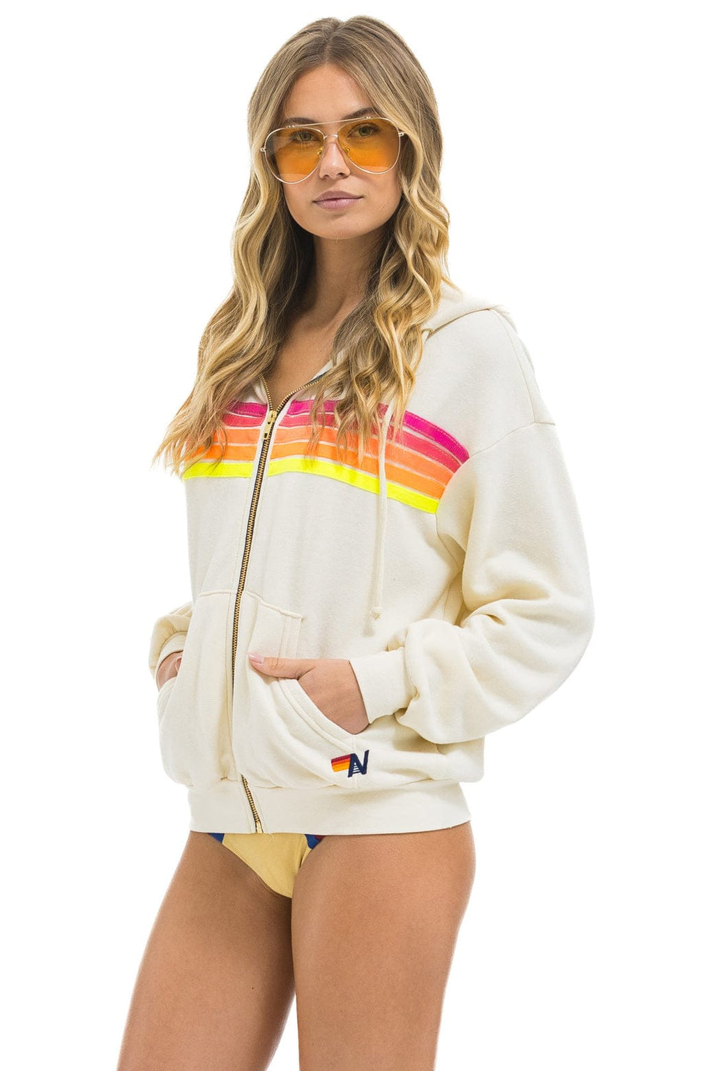 Classic 5 STRIPE RELAXED ZIP HOODIE - VINTAGE WHITE NEON