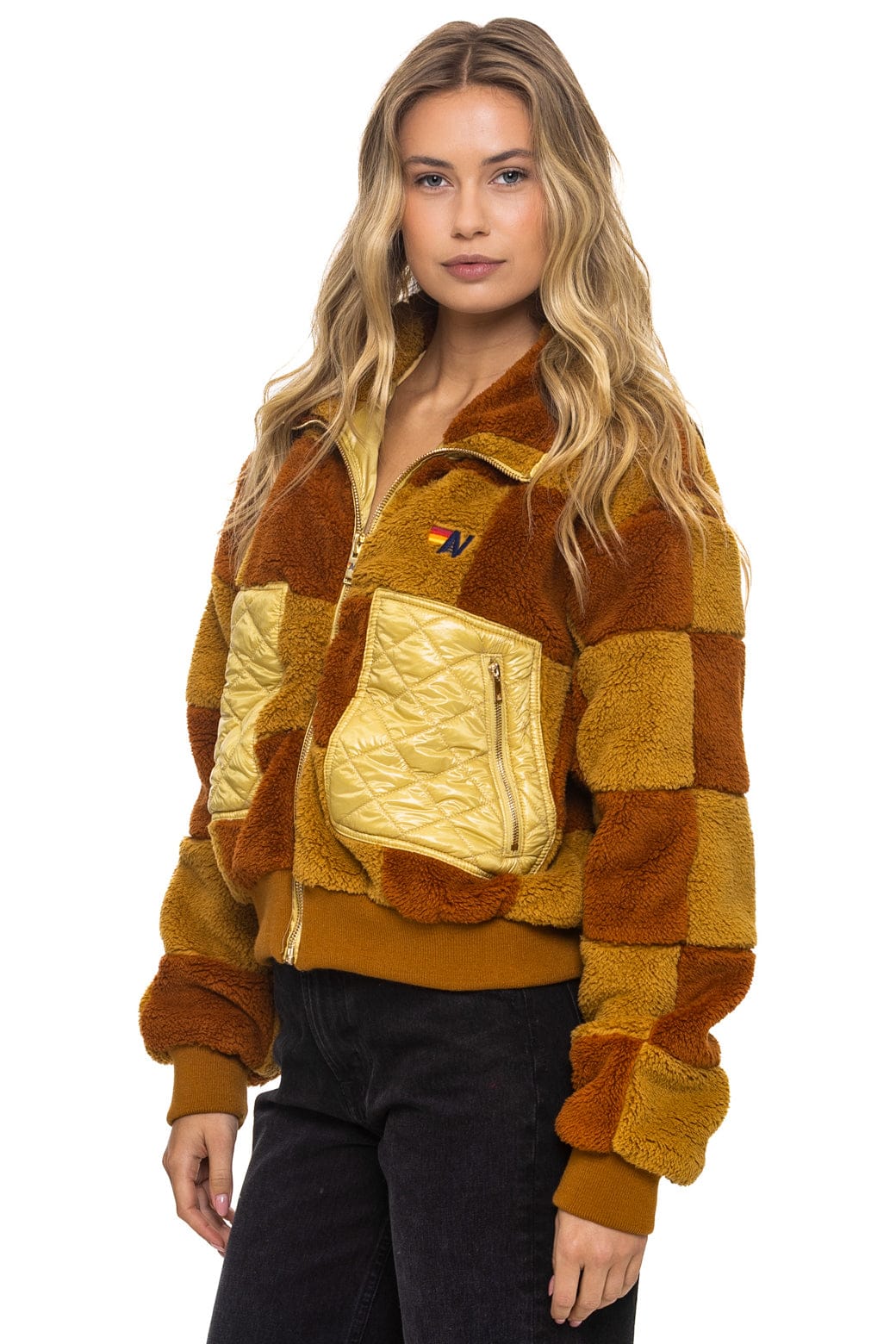 Classic TEDDY CHECKERBOARD WOMENS FULL ZIP JACKET - HONEY WHISKEY