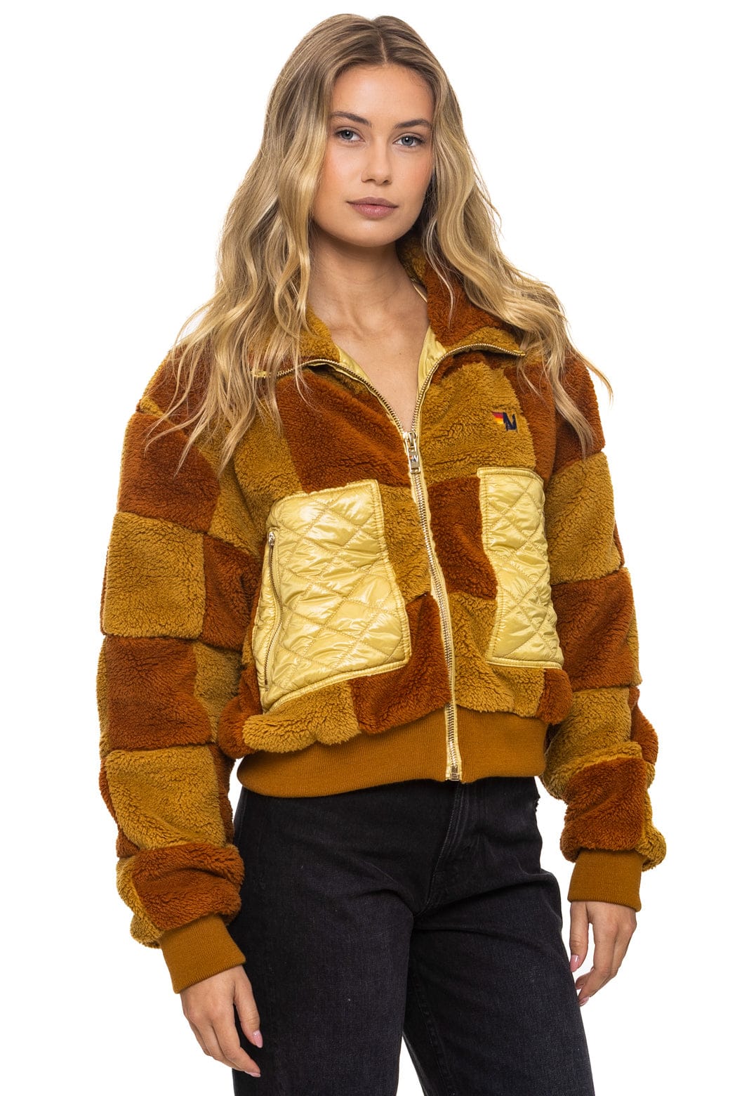 Classic TEDDY CHECKERBOARD WOMENS FULL ZIP JACKET - HONEY WHISKEY