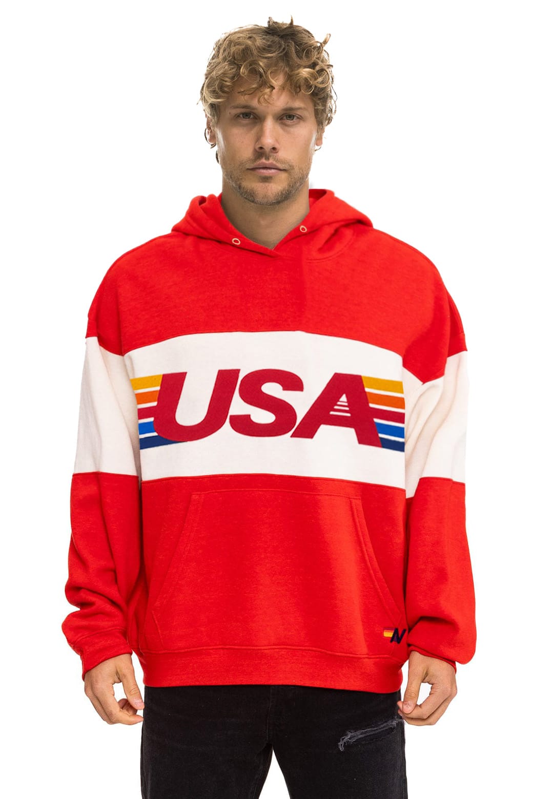 Classic USA RELAXED PULLOVER HOODIE - RED VINTAGE WHITE