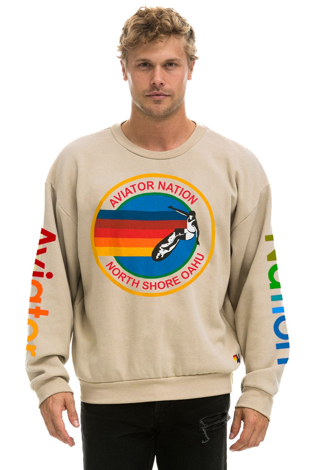 Classic AVIATOR NATION NORTH SHORE RELAXED CREW SWEATSHIRT - SAND
