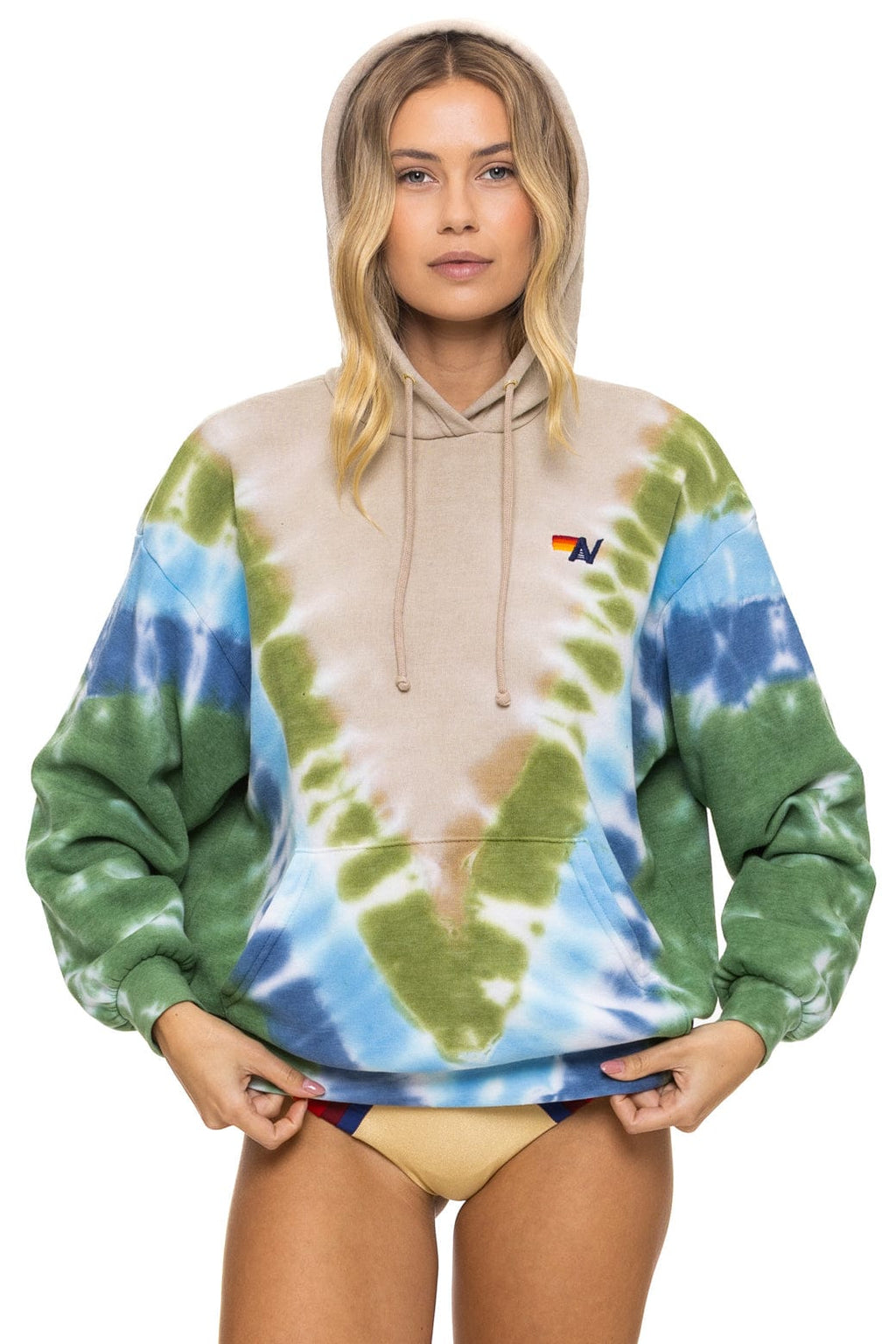 Classic HAND DYED V RELAXED PULLOVER HOODIE - TIE DYE SAND BLUE GREEN