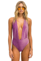Classic SPARKLE COMO DEEP PLUNGE CROSS BACK WOMENS ONE PIECE - GRAPE