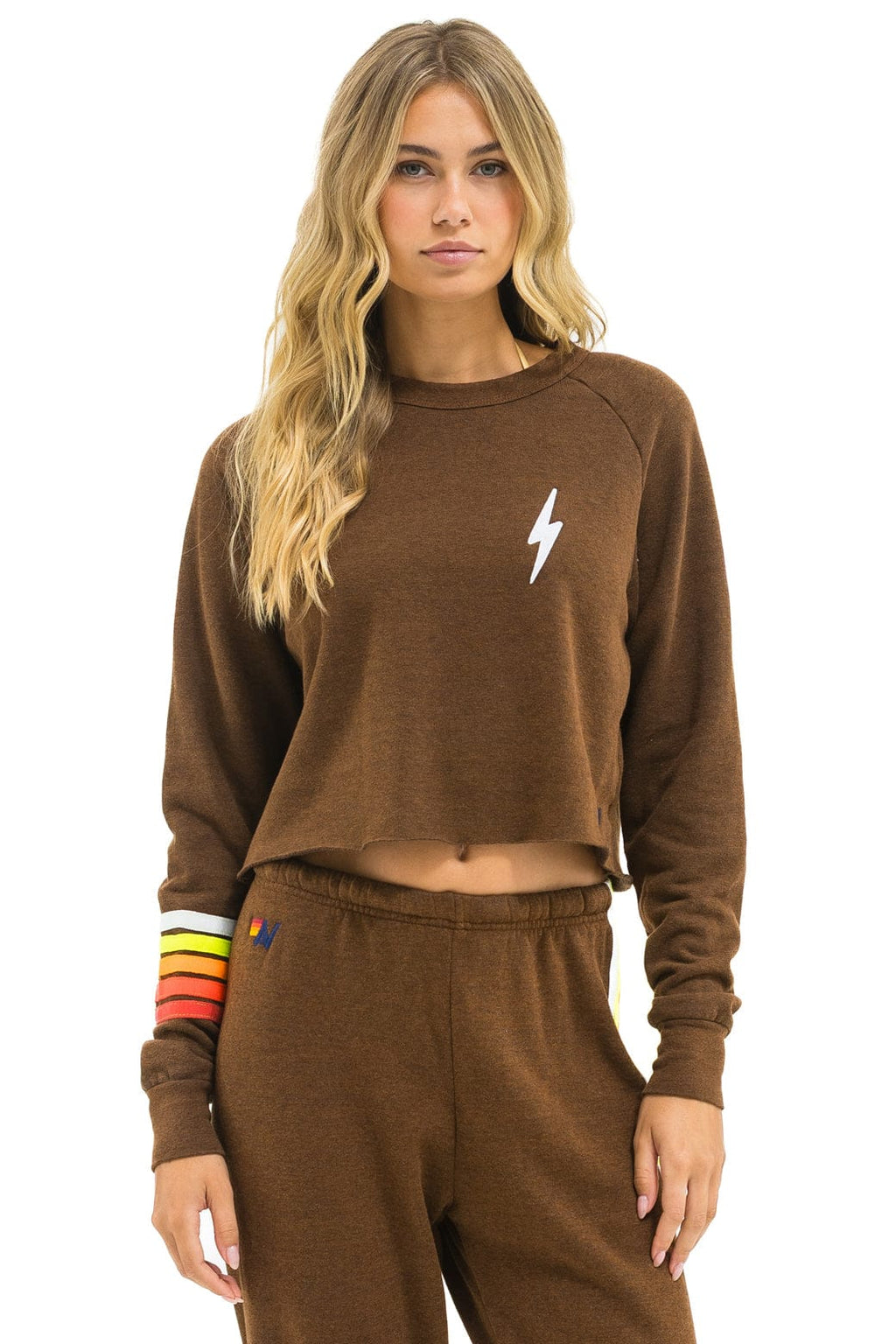 Classic BOLT RUGBY STITCH CROPPED CREW SWEATSHIRT - CHOCOLATE WHITE NEON