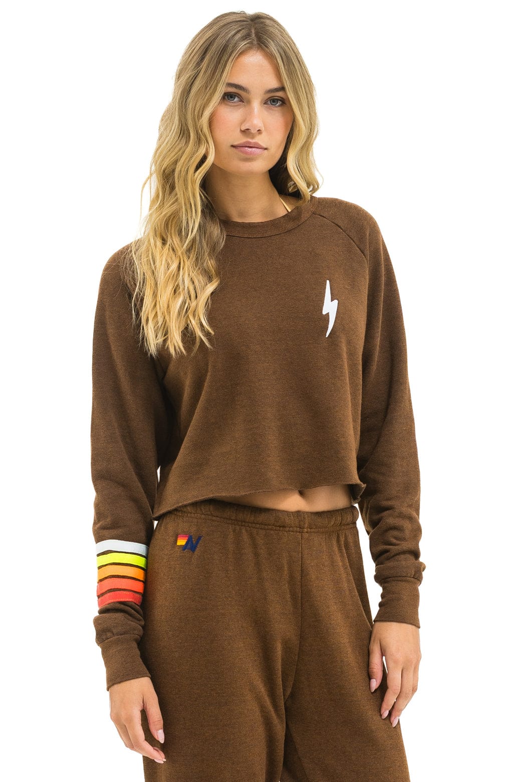 Classic BOLT RUGBY STITCH CROPPED CREW SWEATSHIRT - CHOCOLATE WHITE NEON