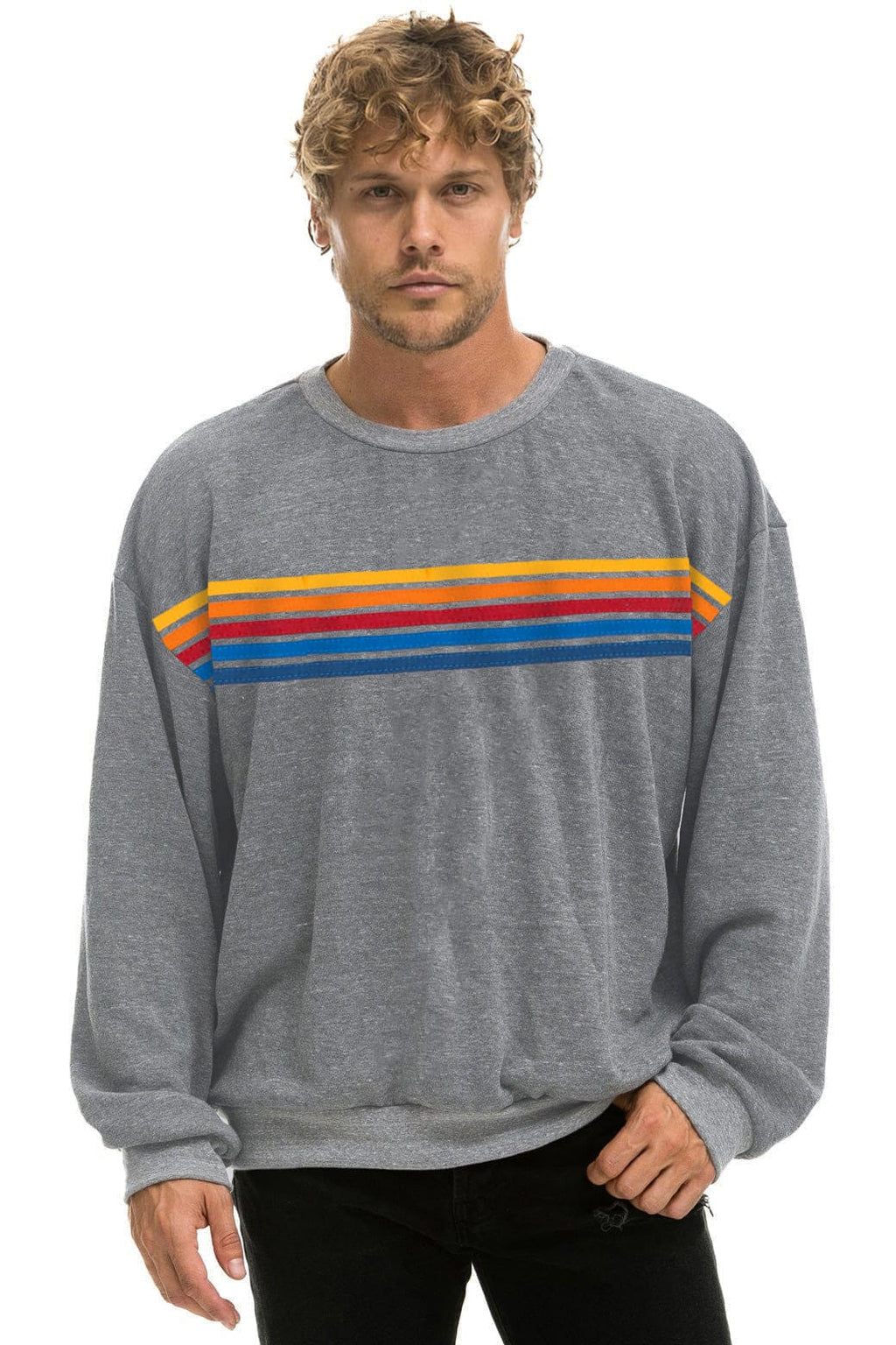 Classic 5 STRIPE RELAXED CREW SWEATSHIRT - HEATHER GREY