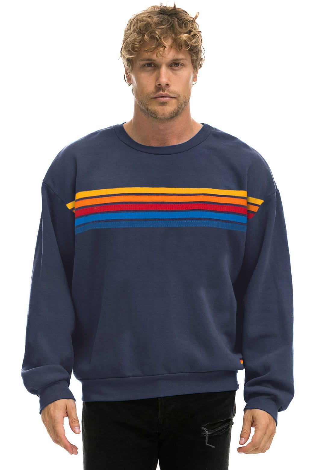 Classic 5 STRIPE RELAXED CREW SWEATSHIRT - NAVY