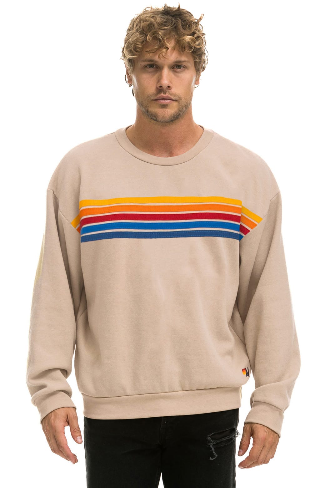 Classic 5 STRIPE RELAXED CREW SWEATSHIRT - SAND