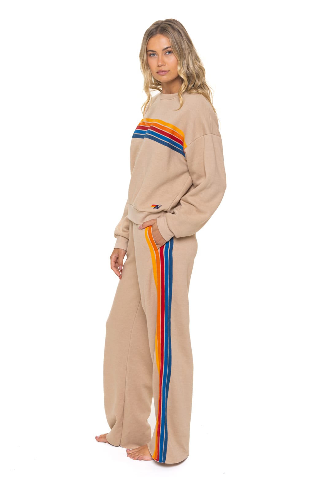 Classic 5 STRIPE RELAXED CREW SWEATSHIRT - SAND