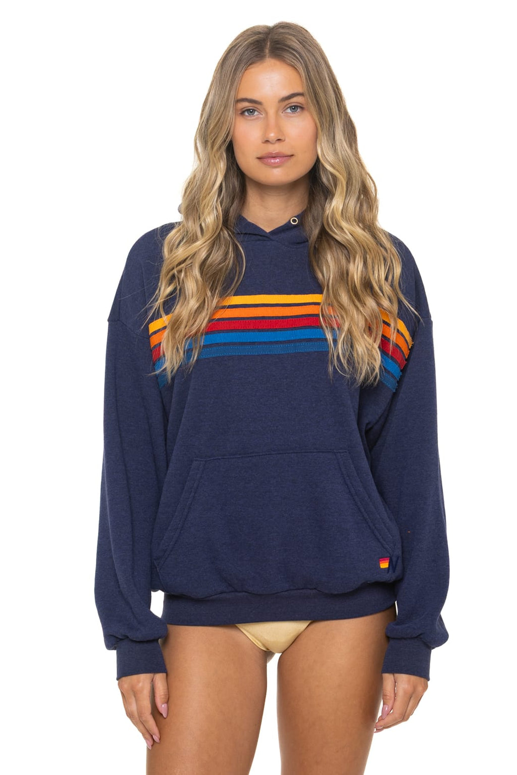 Classic 5 STRIPE RELAXED PULLOVER HOODIE - NAVY