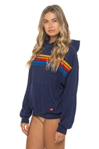 Classic 5 STRIPE RELAXED PULLOVER HOODIE - NAVY