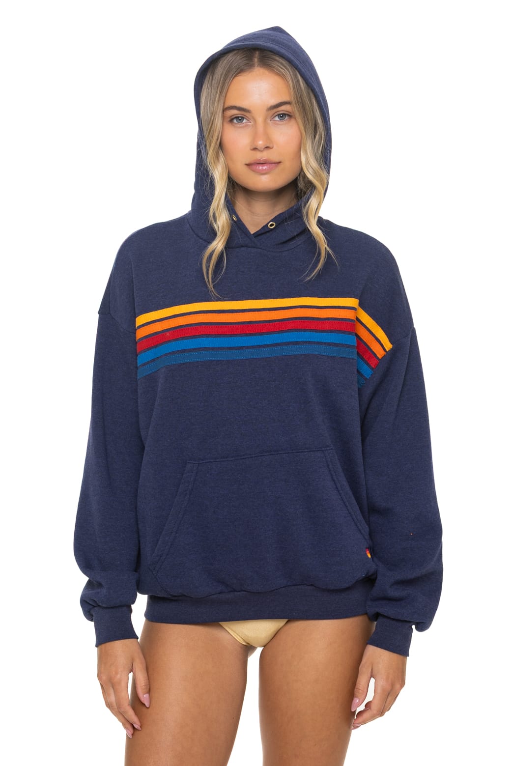 Classic 5 STRIPE RELAXED PULLOVER HOODIE - NAVY