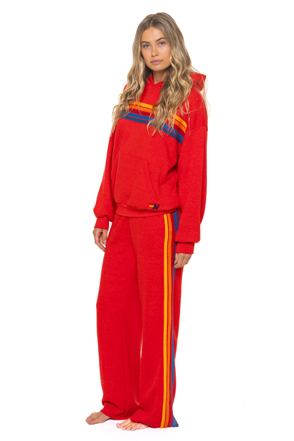 Classic 5 STRIPE RELAXED PULLOVER HOODIE - RED