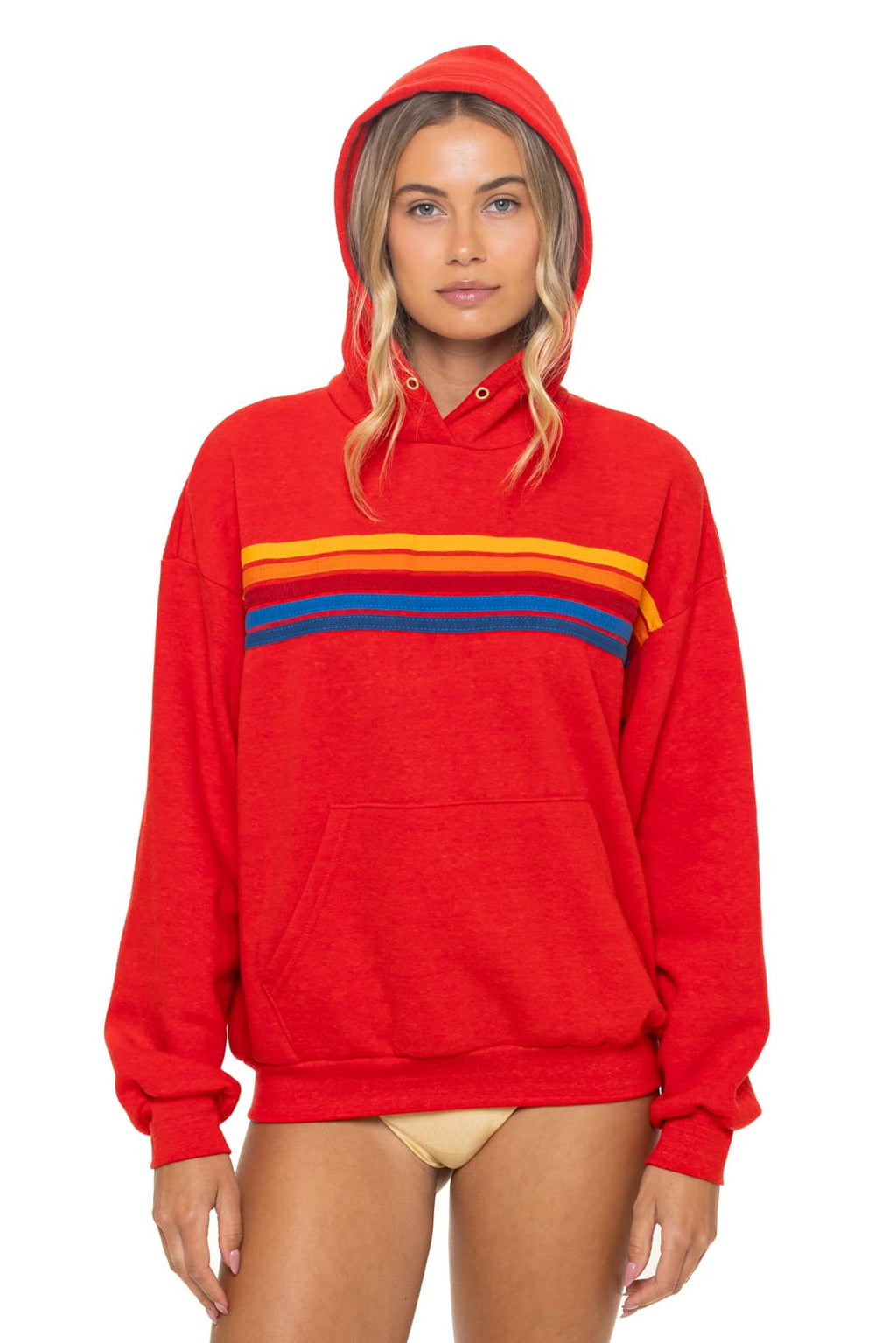 Classic 5 STRIPE RELAXED PULLOVER HOODIE - RED