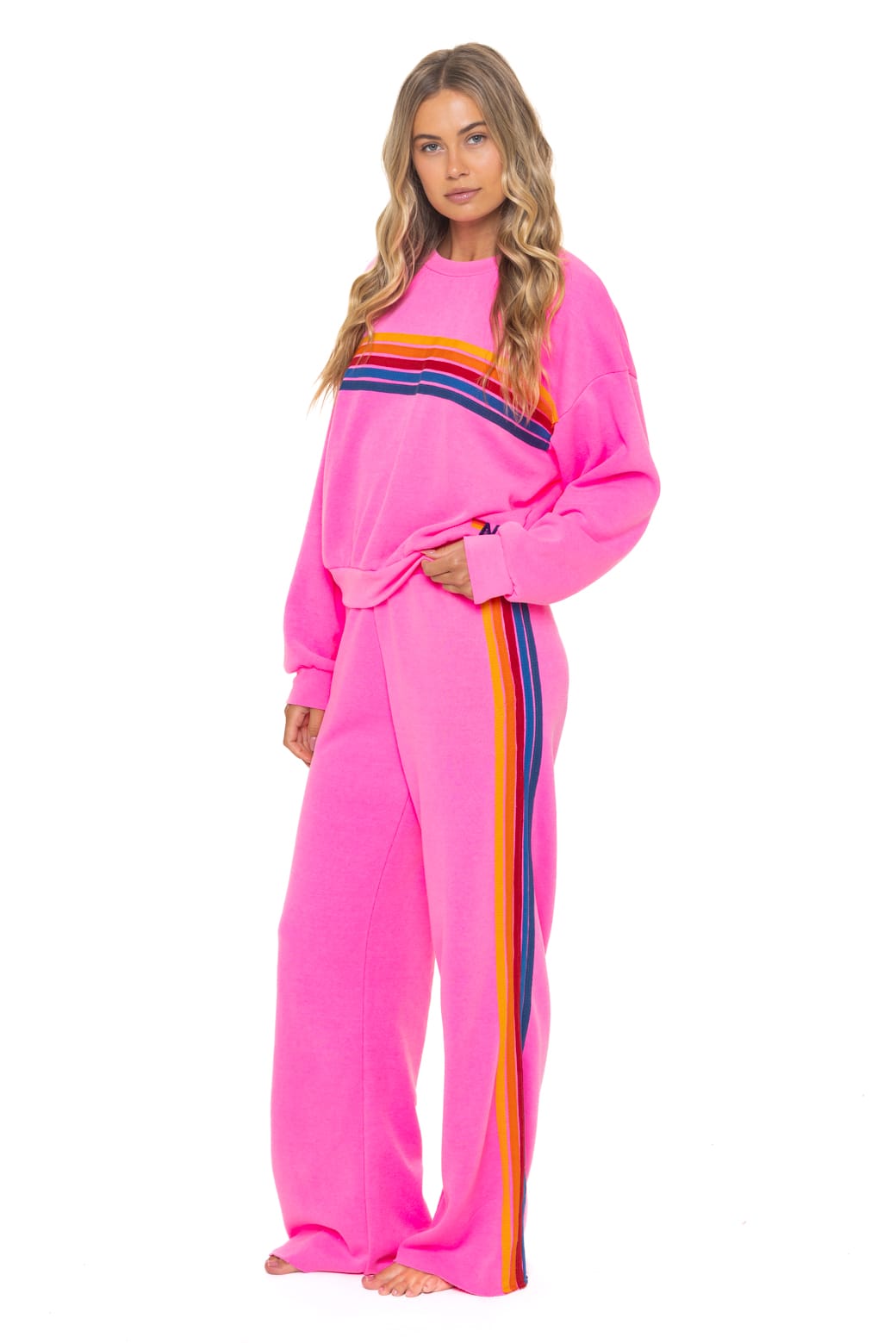 Classic 5 STRIPE RELAXED CREW SWEATSHIRT - NEON PINK