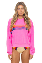 Classic 5 STRIPE RELAXED CREW SWEATSHIRT - NEON PINK