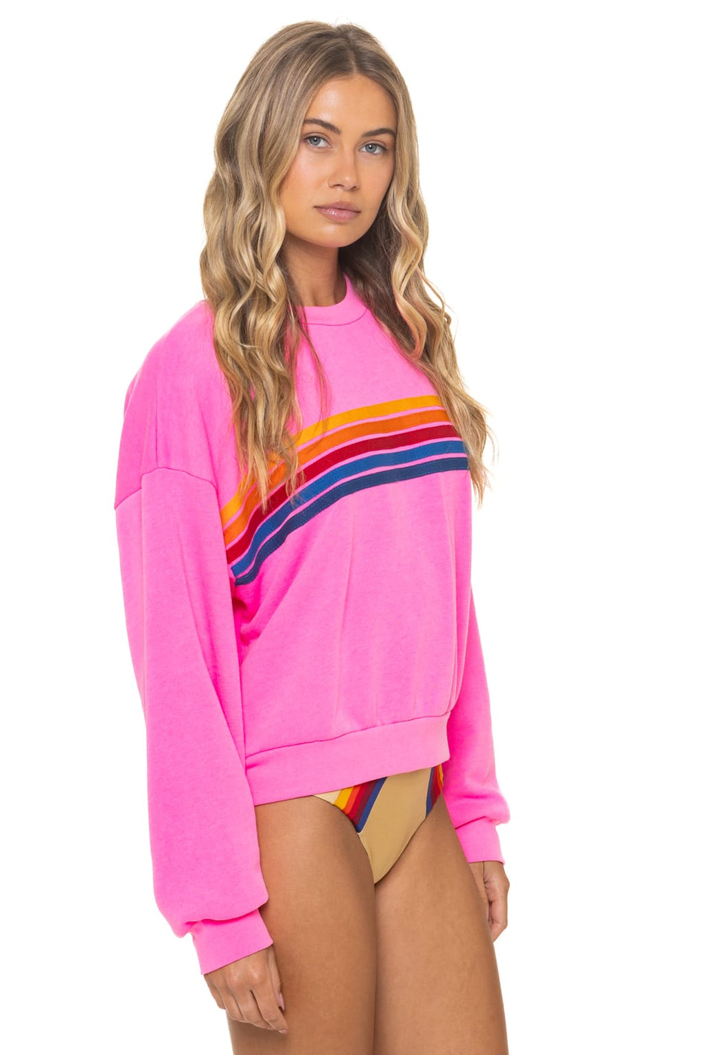 Classic 5 STRIPE RELAXED CREW SWEATSHIRT - NEON PINK
