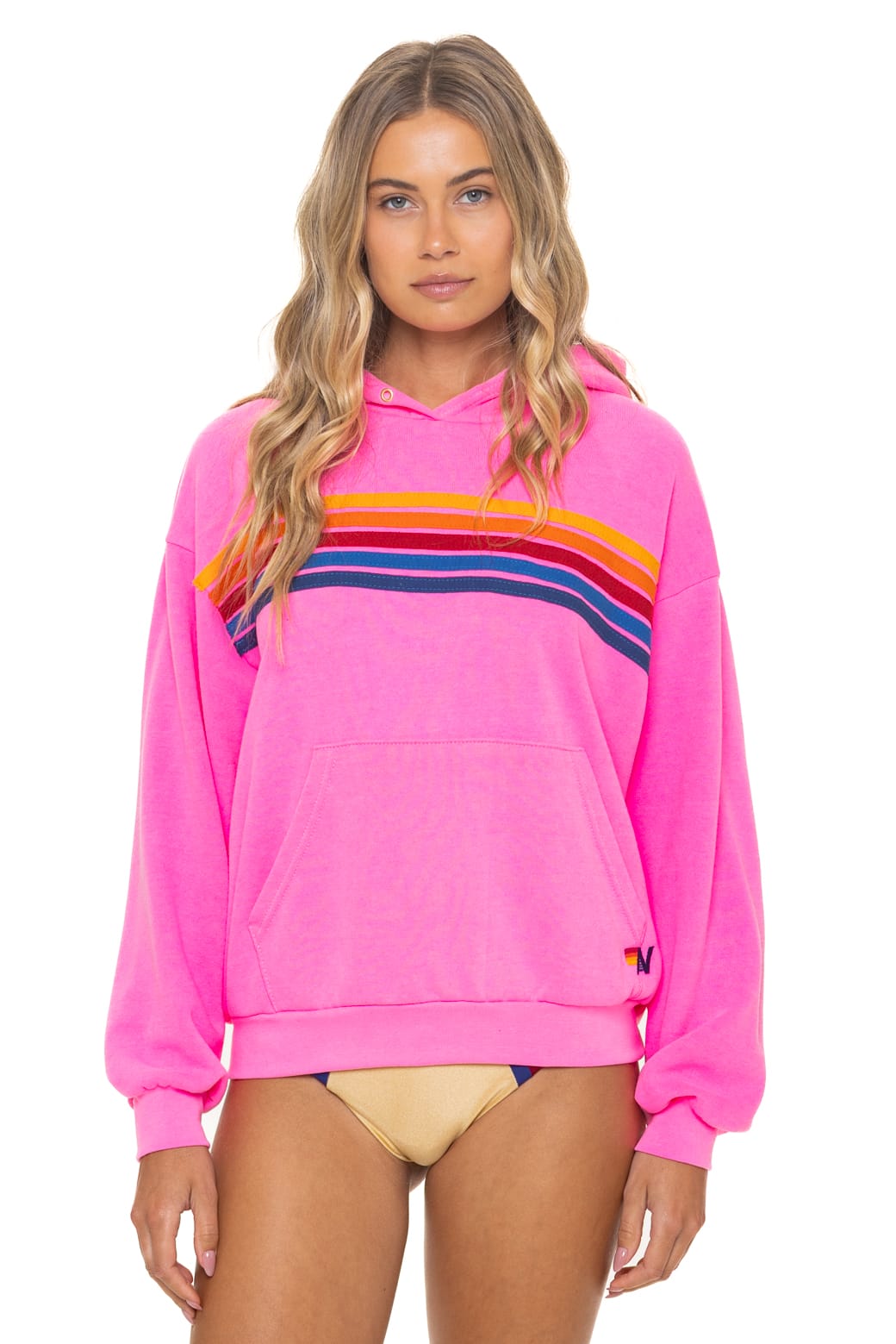 Classic 5 STRIPE RELAXED PULLOVER HOODIE - NEON PINK