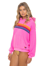 Classic 5 STRIPE RELAXED PULLOVER HOODIE - NEON PINK