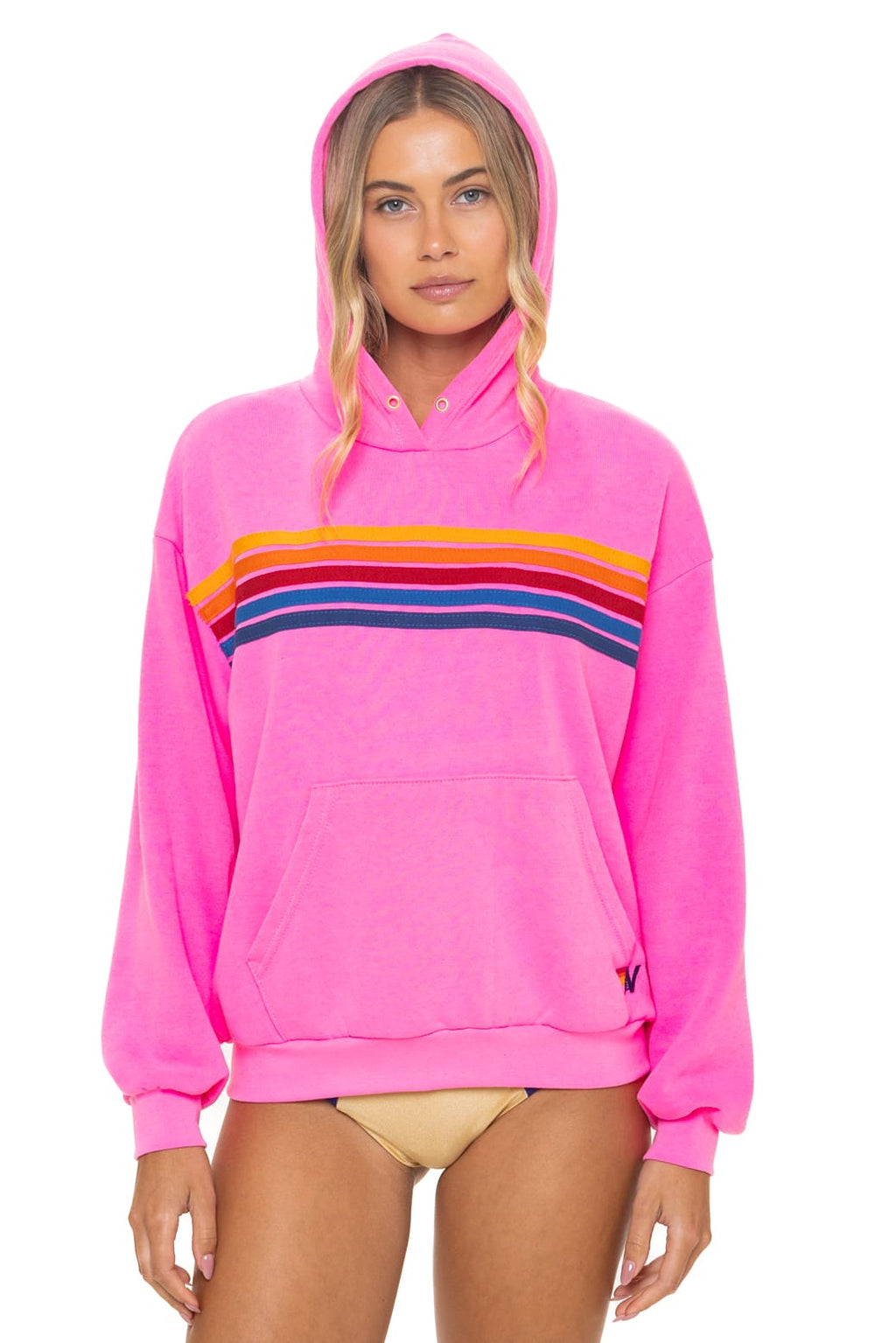 Classic 5 STRIPE RELAXED PULLOVER HOODIE - NEON PINK