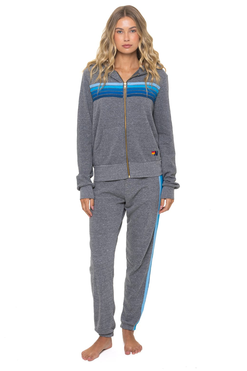 Classic 5 STRIPE HOODIE - HEATHER GREY BLUE
