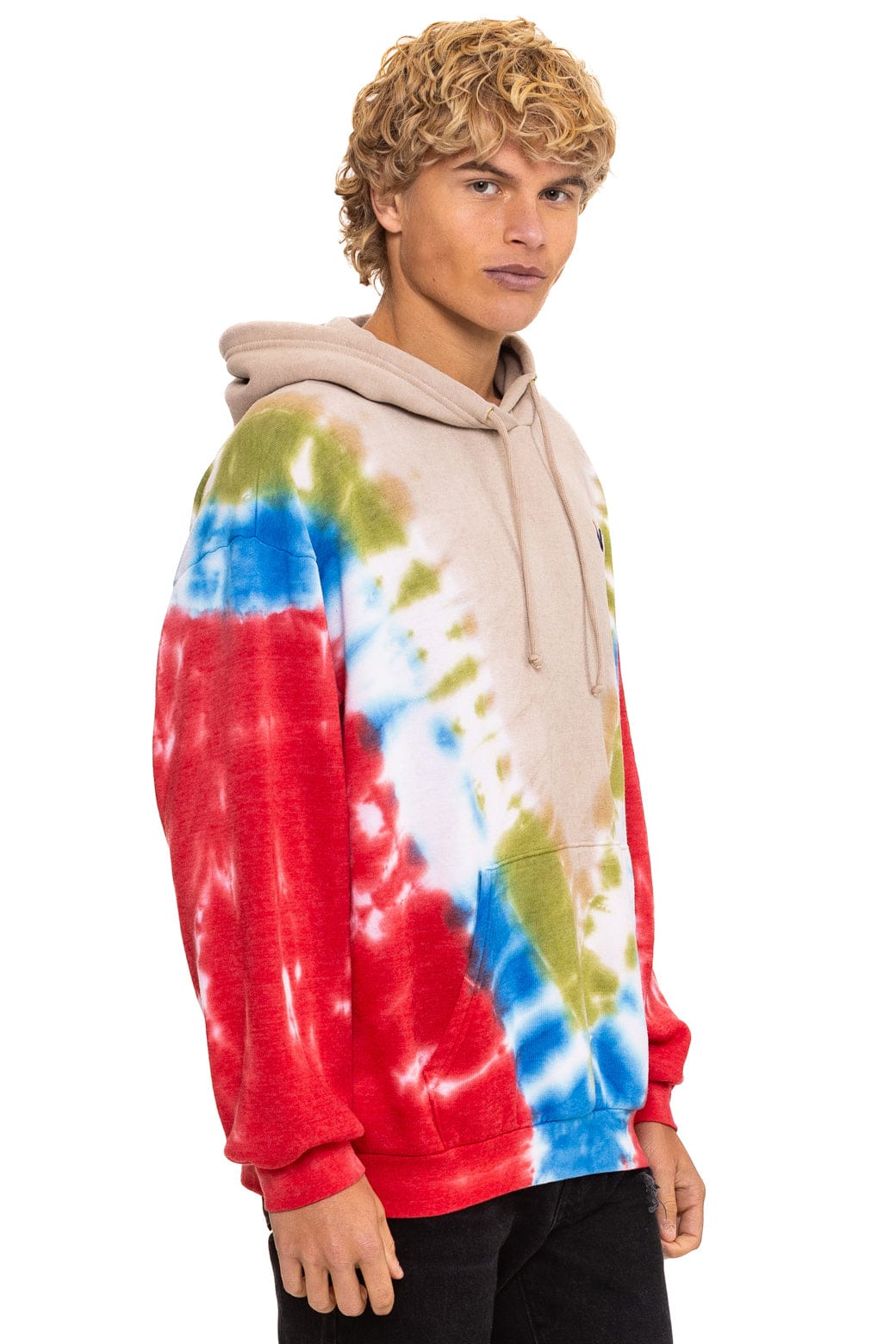 Classic HAND DYED V RELAXED PULLOVER HOODIE - TIE DYE SAND BLUE RED