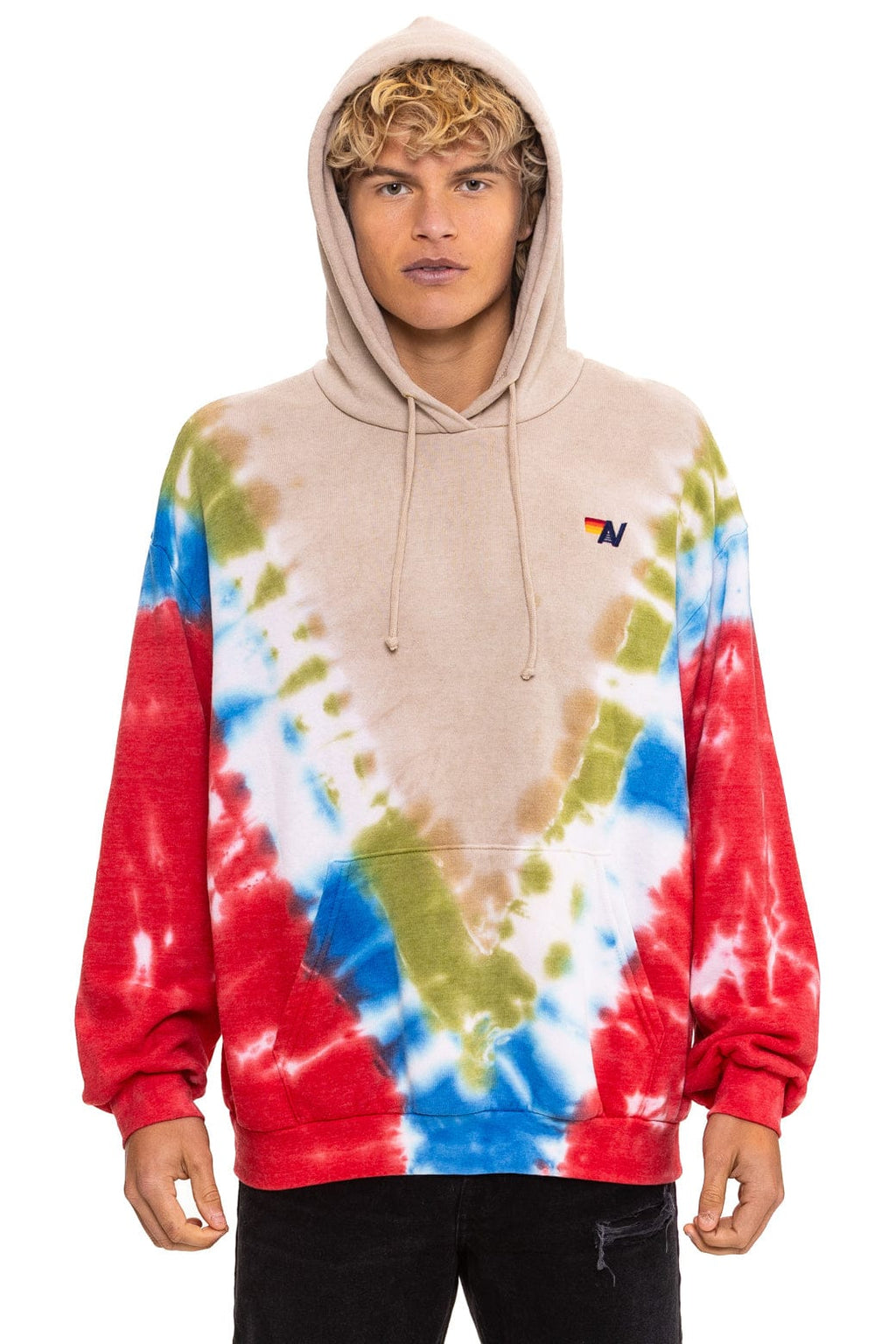Classic HAND DYED V RELAXED PULLOVER HOODIE - TIE DYE SAND BLUE RED